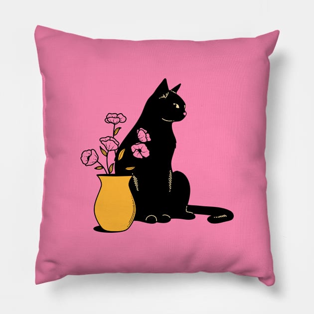 Playful Black Cat in pink Pillow by The Charcoal Cat Co.