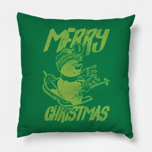 Skiing Snowman - Merry Christmas - Green Pillow