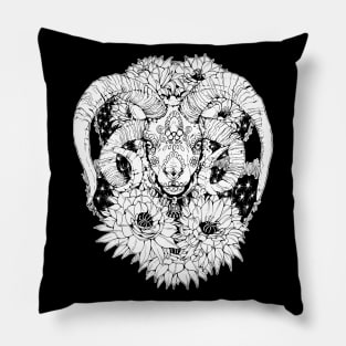 Painted Skull in Flowers - Black and White Pillow