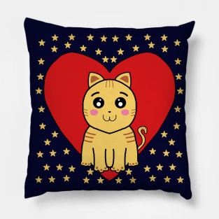 Kawaii Yellow Cat Inside A Heart With Stars Pillow