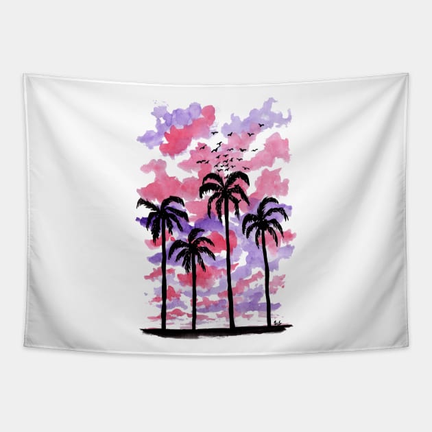 Pastel Clouds Coconut Trees Gouache Painting Tapestry by Celestial Hue