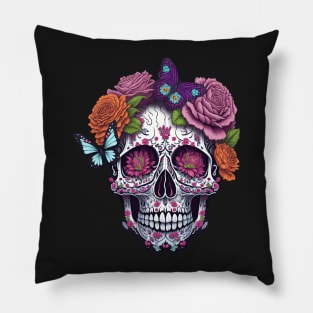 Funny Sugar Candy Skull With Flowers Pillow