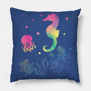 Seahorse And Jellyfish Rainbow Colors Pillow