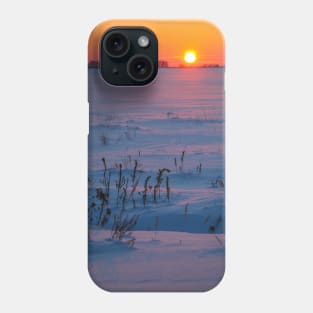 Sunset winter landscape with snow-covered road in violet and pink colors Phone Case