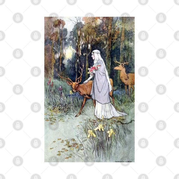 Woman Walking Through the Woods with a Timid Dun Deer - Warwick Goble by forgottenbeauty