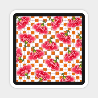 Chinese Vintage Pink and Red Flowers with Orange Tile - Hong Kong Traditional Floral Pattern Magnet