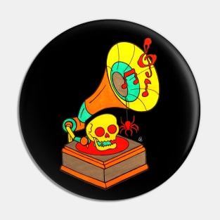 Creepy Gramophone - Retro Colored Vinyl Record Player With a Skull And a Spider Pin