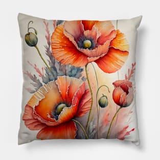 Poppy Flower Watercolour painting Pillow