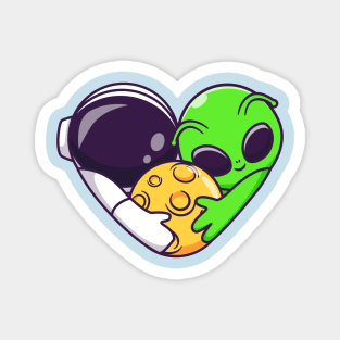 Cute Astronaut And Alien Couple Hug Moon Cartoon Magnet