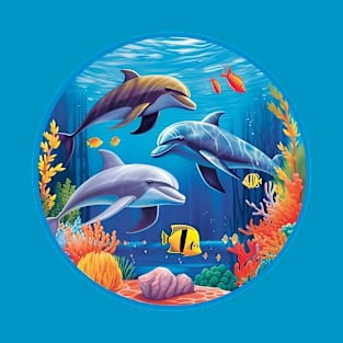 Marine Delights: Dolphins and Coral Circle Art | Bright and Vivid Cartoon Enchantment T-Shirt