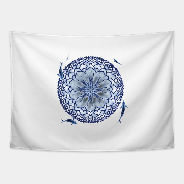 Blue Koi Lotus Mandala Tee Tapestry by DISmithArt