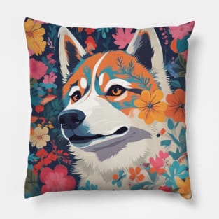 Garden Husky, Siberian Husky with Flowers Pillow
