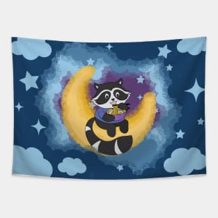 Raccoon eating noodle on the Moon illustration Tapestry