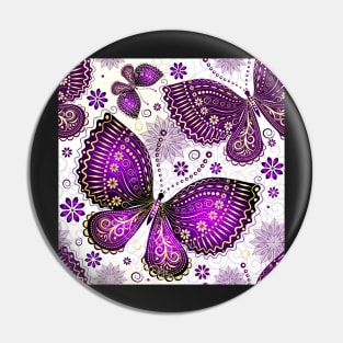 Ornate Purple Butterfly Pattern with Flowers and Swirls Pin