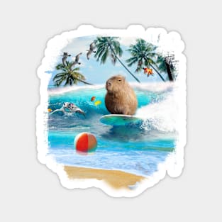 Capybara Surfing At Beach Funny Magnet