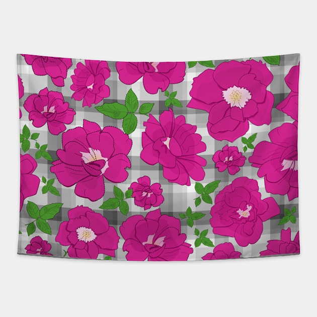 Retro Ramblin' Rose Pink and Green on Grey Plaid Tapestry by ArtticArlo