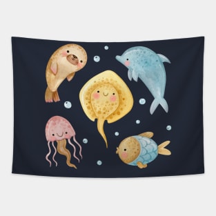 Watercolor Sea Animals Collections Tapestry