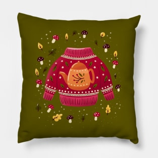 Christmas holiday sweater with tea kettle, leaves and mushrooms. Colorful winter festive illustration. Pillow