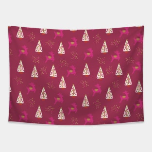 Pink Reindeer and Christmas Trees Tapestry