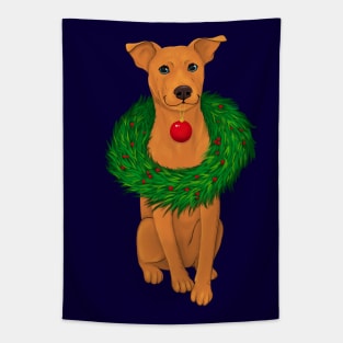 Cute brown staffy dog with a Christmas wreath Tapestry