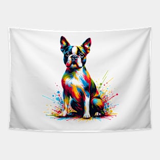 Lively Boston Terrier in Vivid Splash Art Style Tapestry