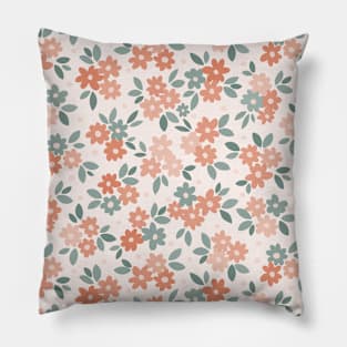 Daisy field with leaves and polka dots oranges, sage green on cream-02 Pillow