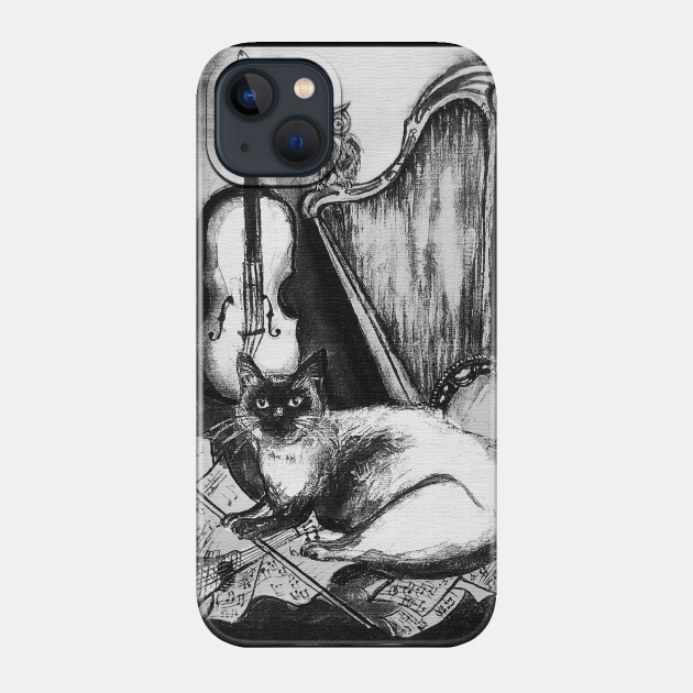 MUSICAL CAT AND OWL WITH MUSIC INSTRUMENTS In Black White - Funny Cats - Phone Case