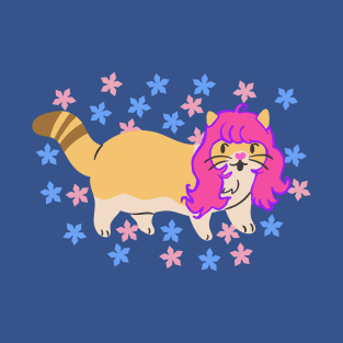 Cat Wearing a Pink Wig With Flowers T-Shirt