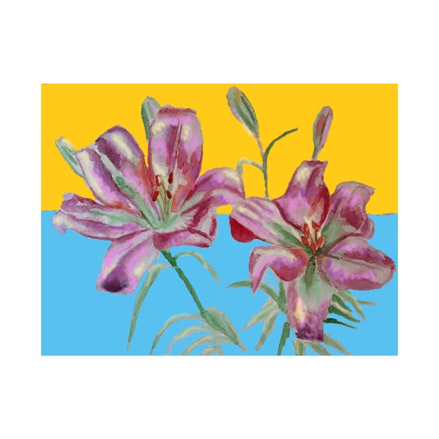 Pink Lily Watercolor Floral Painting on Yellow and Blue by SarahRajkotwala