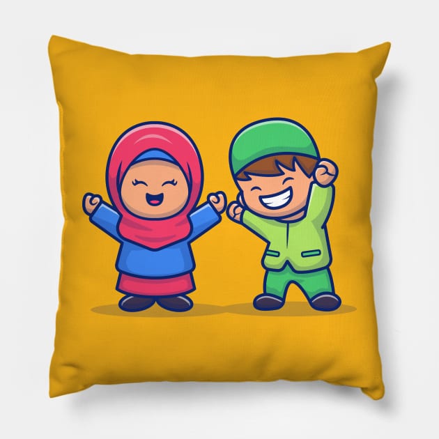 Girl And Boy Moslem Celebrating Eid Mubarak Cartoon Illustration Pillow by Catalyst Labs