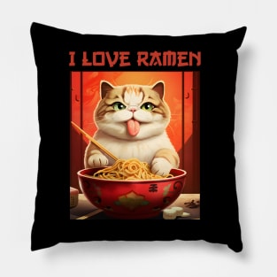 Quirky Kitty Cat Eating Ramen - I Love Ramen Pillow