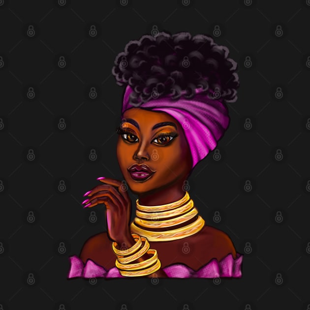 Queen Black is beautiful anime manga black girl with Gold bangles, neck ring necklace, purple dress and head wrap, brown eyes and dark brown skin ! by Artonmytee