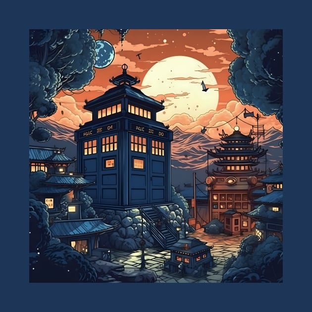 Illustration of realistic blue tardis in Japan on sunset by KOTYA