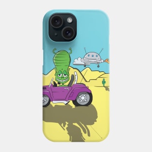 Alien driving a Purple Car in the Desert Landscape with UFO Phone Case