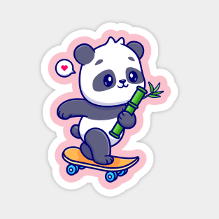 Cute Panda Holding Bamboo On Skateboard Cartoon Magnet
