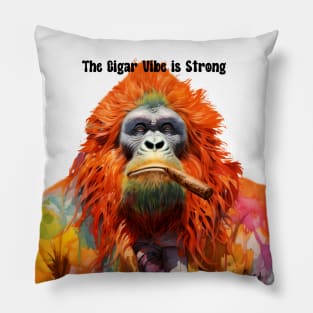 Cigar Smoking Ape: "The Cigar Vibe is Strong" on a light (Knocked Out) background Pillow