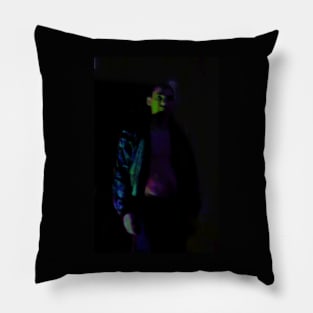 Portrait, digital collage and special processing. Beautiful guy in sport suit with bare torso. Violet and green. Some glow on right. Pillow