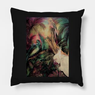 BRIGHT TROPICAL SCENE,BIRDS,PARROT, MACAW, DECO VINTAGE ART POSTER Pillow