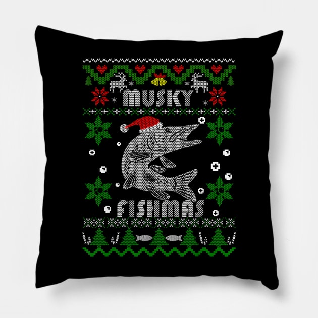 Angler Fishmas Musky Fishing Ugly Christmas Pillow by kasperek