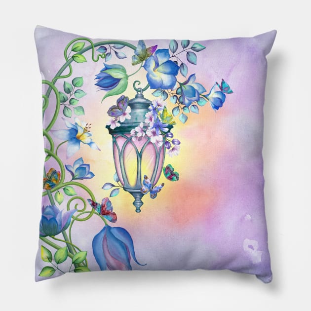 Magic streetlight with flowers and butterflies decoration. Fairy spring garden watercolor illustration. Colorful romantic scenery Pillow by likapix