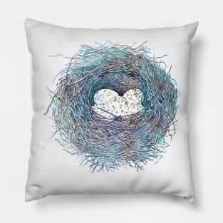 Painted Bird Nest Eggs Blue Watercolor Pillow