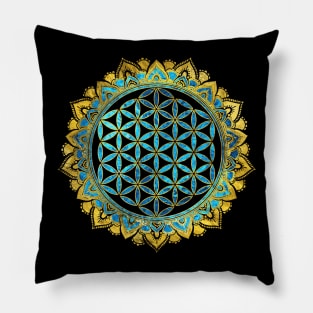 Flower of life gold an blue texture  glass Pillow