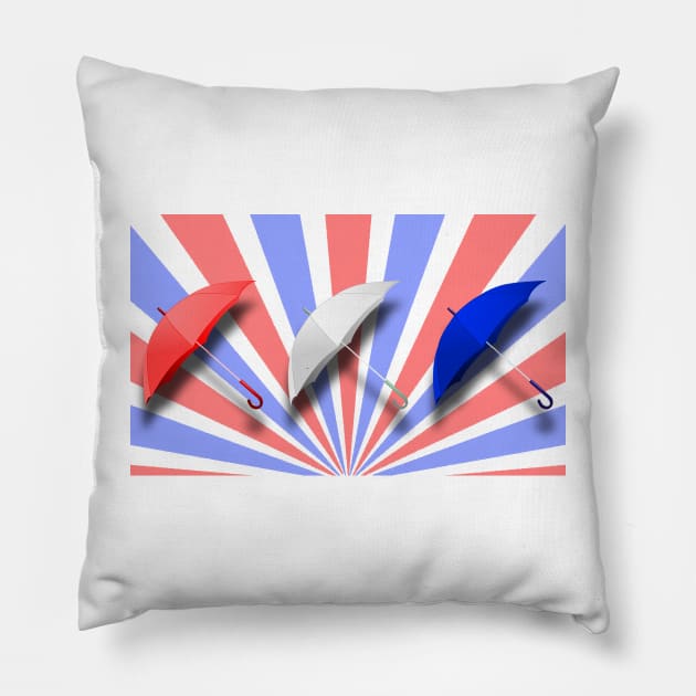 Red White And Blue Stripes With Umbrellas Pillow by NeavesPhoto