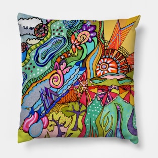 Sunny Day River & Trees Vibrant Colorful Abstract Pillow