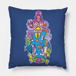 Surfer in trouble in a crowded sea in colorful doodle style Pillow