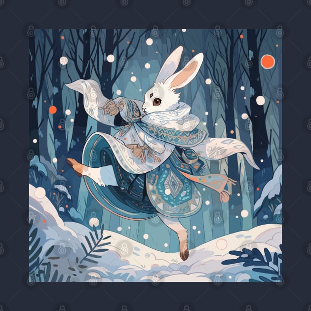 White rabbit dancing in the snow by etherElric