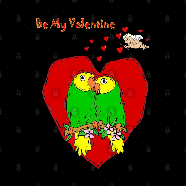 Valentine lovebirds with Cupid Cartoon Fantasy Abstract Print by posterbobs