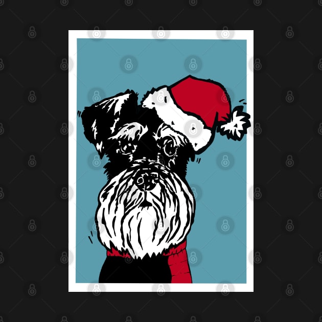 Miniature Schnauzer in Christmas Santa Hat and Red Woolly Scarf Linoprint by NattyDesigns