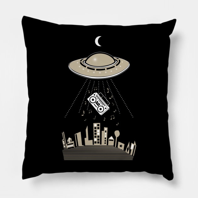 UFO Boombox Abduction Retro 80s Pillow by Cosmic Dust Art