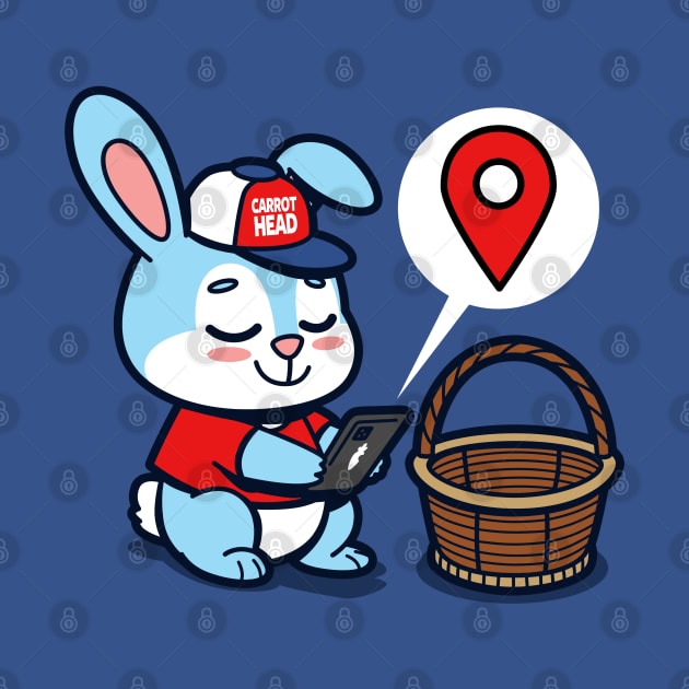 Funny Cute Kawaii Techie Easter Bunny Using GPS Original Cartoon by BoggsNicolas